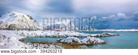 Fabulous Snowy Winter Scene Of  Valberg Village With Snowy  Mountain Peaks On Lofoten Islands.  Loca