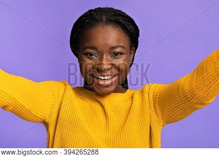 Joyful African American Woman Taking Selfie, Capturing Photo, Positive Black Lady Making Self-portra