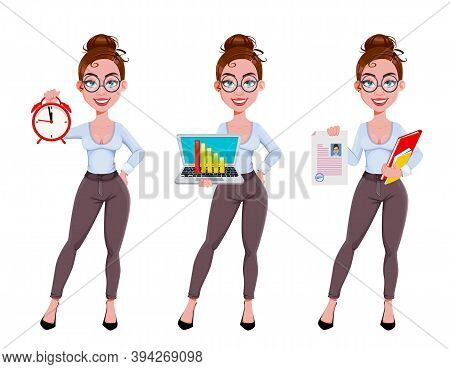 Stock Vector. Young Beautiful Business Woman, Set Of Three Poses. Cute Businesswoman Cartoon Charact