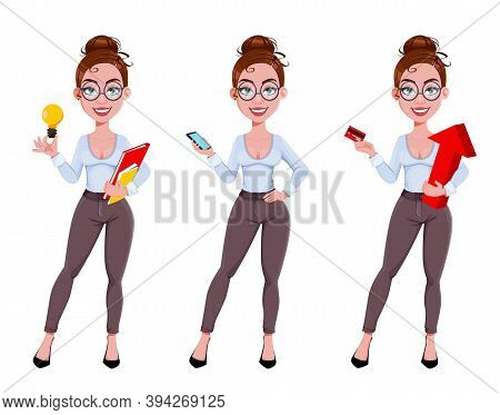Stock Vector. Beautiful Business Woman Cartoon Character In Flat Style, Set Of Three Poses. Cute Bus