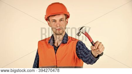 Guy Knoking Hammer Professional Master Repair Wear Helmet Uniform, Good Tools Concept