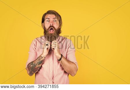 Scared And Surprised Brutal Man. Facial Care. Mature Hipster With Beard. Brutal Caucasian Hipster Wi