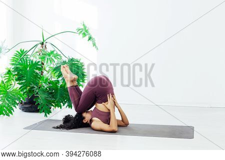 Beautiful Woman Yoga Gymnastics Flexible Stretching Asana Fitness White Room