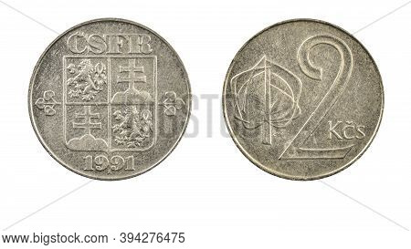 Former Czechoslovakia Coin 2 Koruny Year 1991 Front And Rear View Macro Close Up On White Background