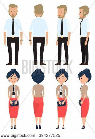 Stylish Businesspeople Wearing Office Suits, Accessories. Elegance Jacket And Dress. Office Worker D
