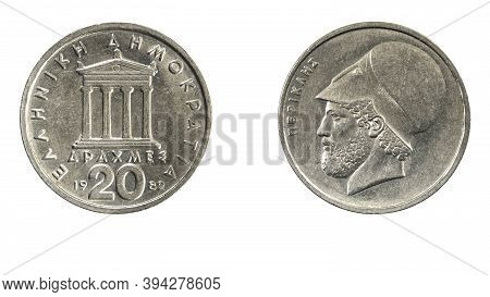 Authentic Greek Coin 20 Drachmai Year 1982 Obverse And Reverse Side On White Background,macro Close 