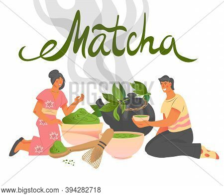 Packaging Design For Matcha Tea Or Teahouse Cards, Vector Illustration.