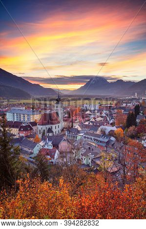 Liezen, Austria. Cityscape Image Of Liezen, Austria At Beautiful Autumn Sunset.
