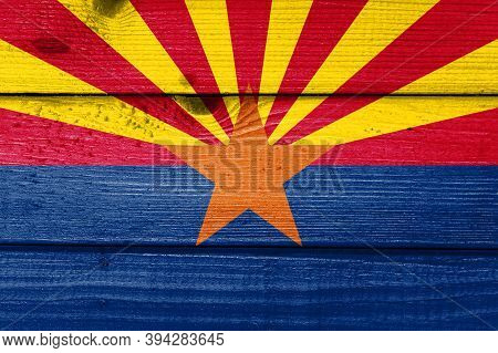 Arizona Flag Painted On Old Wood Plank Background. Brushed Natural Light Knotted Wooden Board Textur