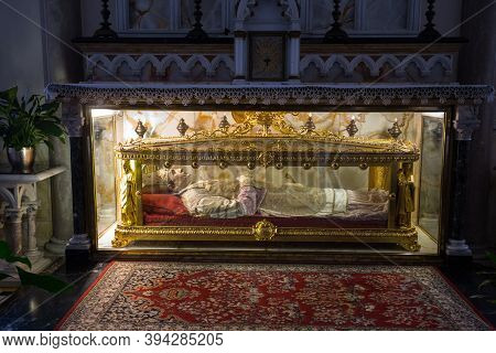 Bobbio, Italy, August 20, 2020 - The Tomb Of Sant'antonio Maria Gianelli In The The Cathedral Of Bob