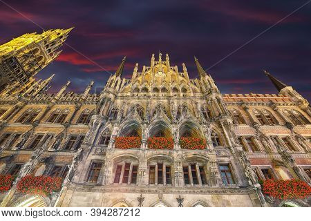 Fantastic Night View Of   Facade Of Gothic Rathaus Or Town Hall Of Munich And Famous Clock Tower On 