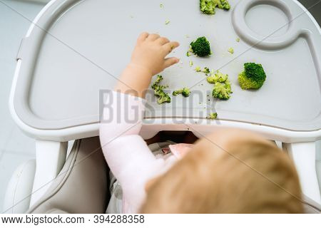 Baby Led Weaning Concept, Adorable Caucasian Blonde Girl, Vegetarian Dieting Approach