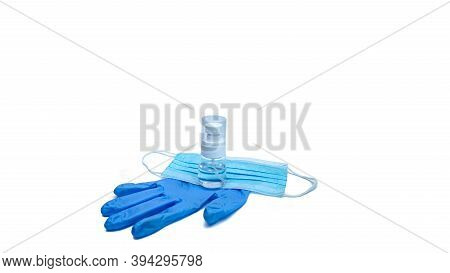 Disinfector, Rubber Glove And Medical Mask Isolated On White Background.