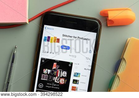 New York, United States - 7 November 2020: Phone Screen Close-up With Stitcher For Podcasts Mobile A