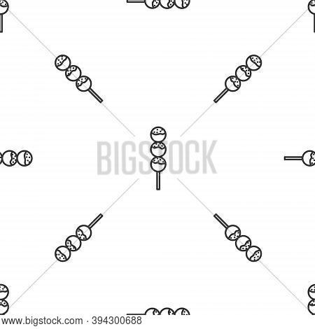 Grey Line Takoyaki On A Stick Icon Isolated Seamless Pattern On White Background. Japanese Street Fo