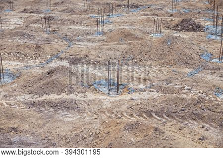 Foundation Site Of New Building, Details And Reinforcements With Steel Bars And Wire Rod, Preparing 