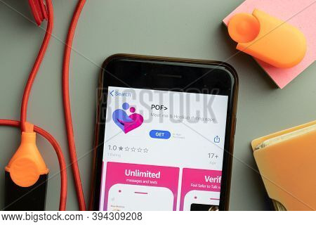 New York, United States - 7 November 2020: Phone Screen Close-up With Pof Mobile App Logo On Display