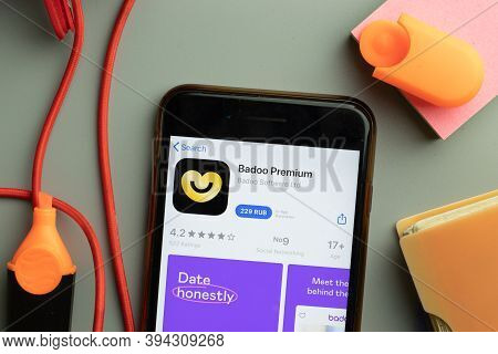 New York, United States - 7 November 2020: Phone Screen Close-up With Badoo Premium Mobile App Logo 