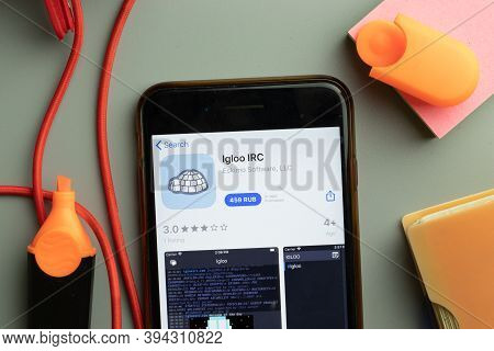 New York, United States - 7 November 2020: Phone Screen Close-up With Igloo Irc Mobile App Logo On D