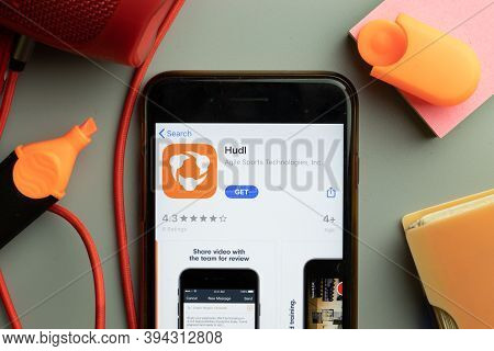 New York, United States - 7 November 2020: Phone Screen Close-up With Hudl Mobile App Logo On Displa
