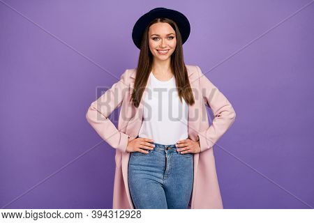 Portrait Of Charming Pretty Attractive Youth Modern Girl Enjoy After Work Weekend Rest Relax Put Han