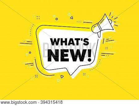Whats New Symbol. Megaphone Yellow Vector Banner. Special Offer Sign. New Arrivals Symbol. Thought S