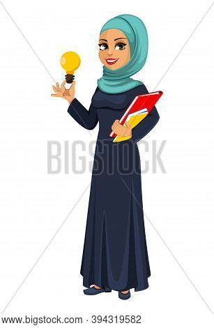 Stock Vector Arabic Business Woman Having A Good Idea. Beautiful Muslim Businesswoman Cartoon Charac