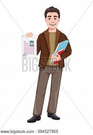 Stock Vector Businessman Cartoon Character In Flat Style. Young Handsome Business Man Holding Resume