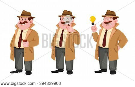 Stock Vector Detective Character, Set Of Three Poses. Investigator Cartoon Character. Vector Illustr
