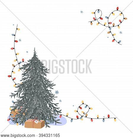 Christmas Corner Composition With Place For Text. Fresh Undecorated Xmas Tree, Gift Box, And Bright 