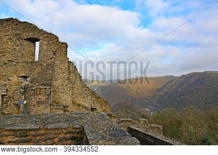 Ruined Walls Of Bourscheid Castle In Luxembourg