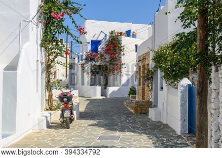 Folegandros, Greece - September 23, 2020: Whitewashed Cycladic Street In Beautiful Chora Town On Fol