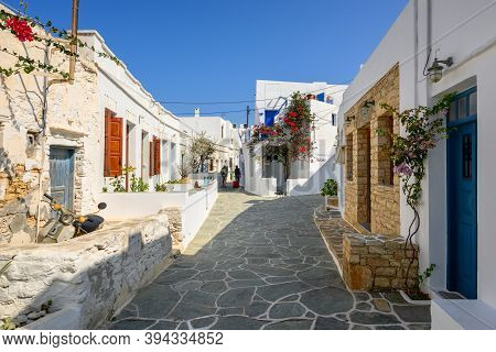 Folegandros, Greece - September 23, 2020: Whitewashed Cycladic Street In Beautiful Chora Town On Fol