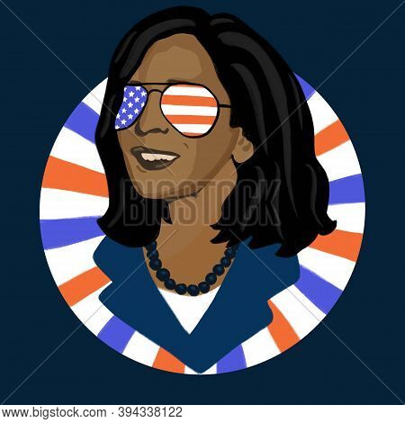 Vienna, Austria, 11.11.2020 Kamala Harris Hand Drawn Illustration. Kamala Wearing Sunglasses With Am