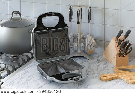 Opened Sandwich Maker On The Kitchen Table. 3d Rendering