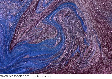 Blue And Violet Shimmer And Glitter Abstract Background. Make Up Concept.beautiful Stains Of Liquid 
