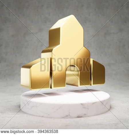Place Of Worship Icon. Gold Glossy Place Of Worship Symbol On White Marble Podium. Modern Icon For W