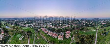 Aerial Panoramic View Of Golf In Upscale Residential Neighborhood During Sunset, Rancho Bernardo, Sa
