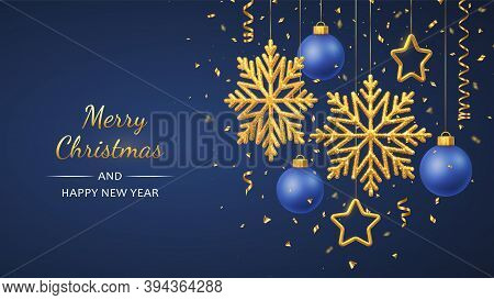 Christmas Blue Background With Hanging Shining Golden Snowflakes, 3d Metallic Stars And Balls. Merry