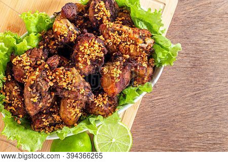 Brazilian Style Deep Fried Chicken. Called Frango A Passarinho. Top View. Selective Focus. Space For