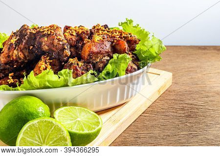 Brazilian Style Deep Fried Chicken. Called Frango A Passarinho. Selective Focus. Space For Text.