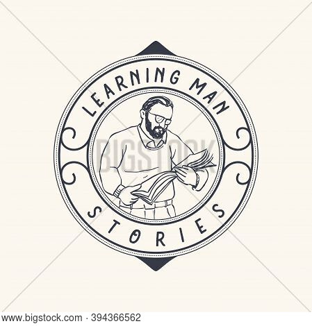 Father Read And Learning From Book For Story Teller Logo Concept With Retro And Vintage Round Emblem