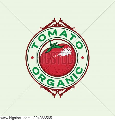 Fresh Harvest Red Tomato Hand Drawn Vintage And Retro Emblem Logo Design Illustration