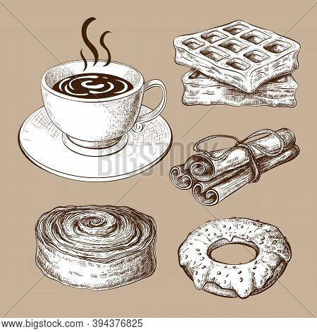 Pastry With Coffee Vintage Clipart. Engraved Style Sketch Of Sweet Breakfast Isolated. Drawn Sweet P