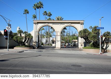 Hollywood, California / USA - November 10, 2020: Paramount Pictures Studio Entrance. Paramount Pictures creates Movies, Television Programs, and more. Editorial 