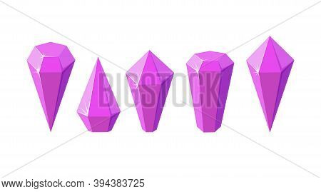 Pink Crystal Stones Like Amethyst Quartz. Set Of Geometric Gems Or Glass Crystals For Games And Othe