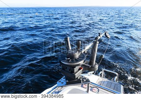 Fishing Equipment On Boat. Downrigger Boat Gear For Trolling.  Fishing Boat With Down Rigger Trollin