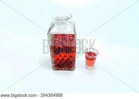 Homemade Tincture Of Red Cherry. Berry Alcoholic Drinks Concept. Homemade Red Wine Made From Ripe Ch