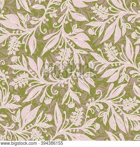 Floral Seamless Pattern With Leaves And Berries In Chartreuse Green, Pink And Taupe Colors, Hand-dra