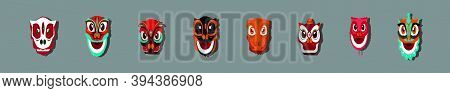 Chinese Lion Head Dance For Happy Chinese New Yea Festival With Various Models. Isolated Modern Vect